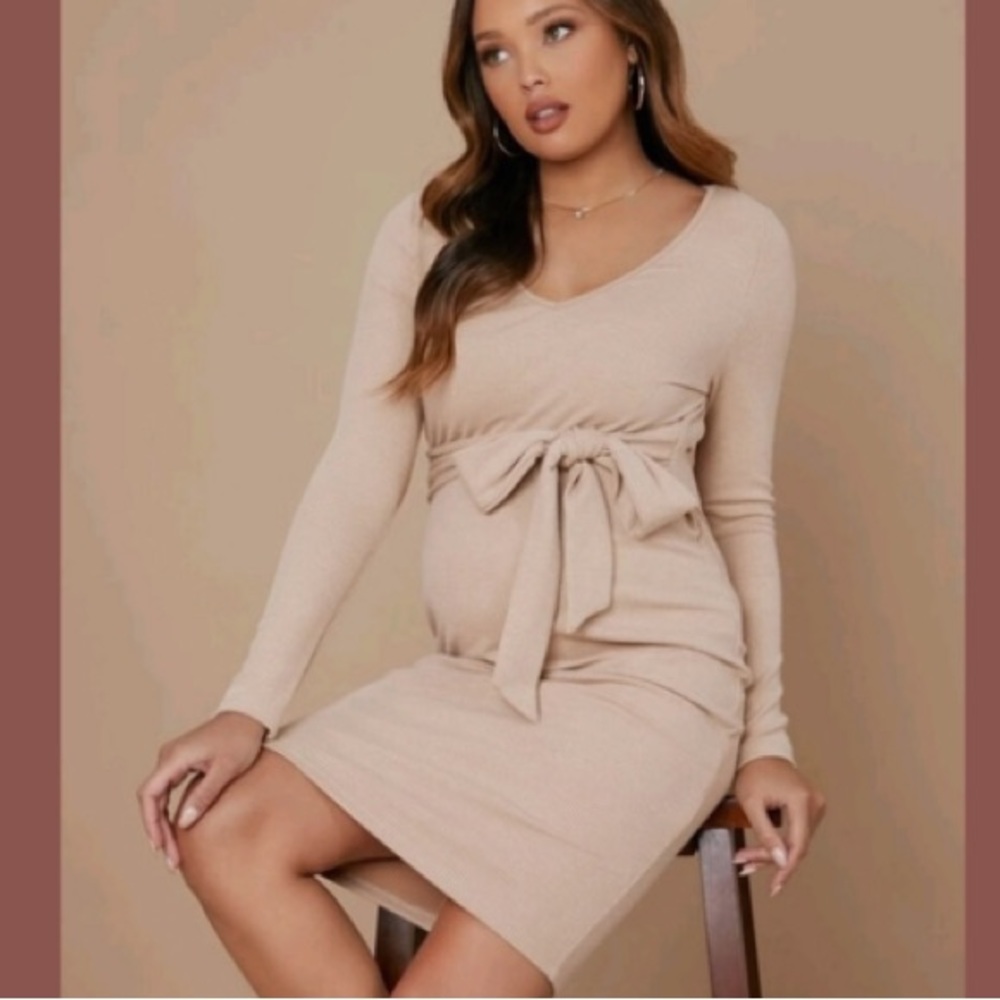 Long Sleeve Ribbed Bodycon dress with Tie Front by SHEIN